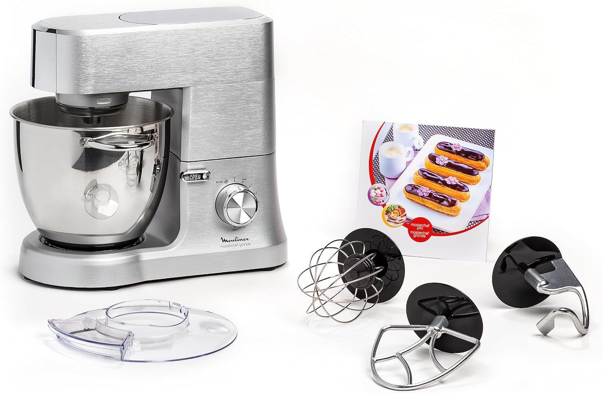 Moulinex Masterchef QA810D - Impastatrice Planetaria 1500 W Grigia - Ciotola da 6,7 Litri in Lega di Acciaio - 8 Velocità con Frusta Sbattitore e Gancio