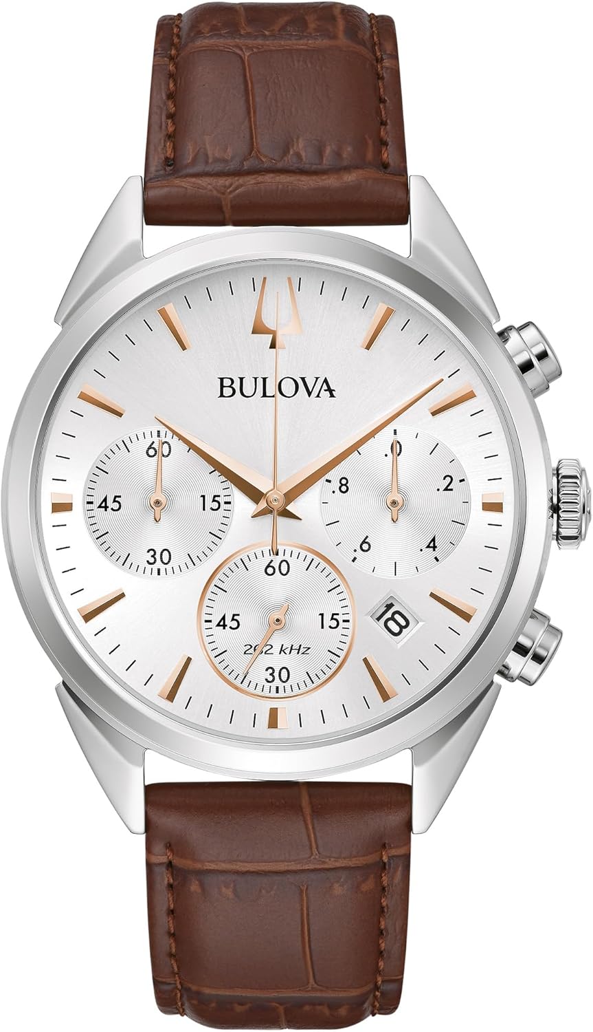 Bulova 96B370 - Orologio Uomo Analogico al Quarzo Giapponese - Cassa 41.5 mm Acciaio - Cinturino Pelle Marrone