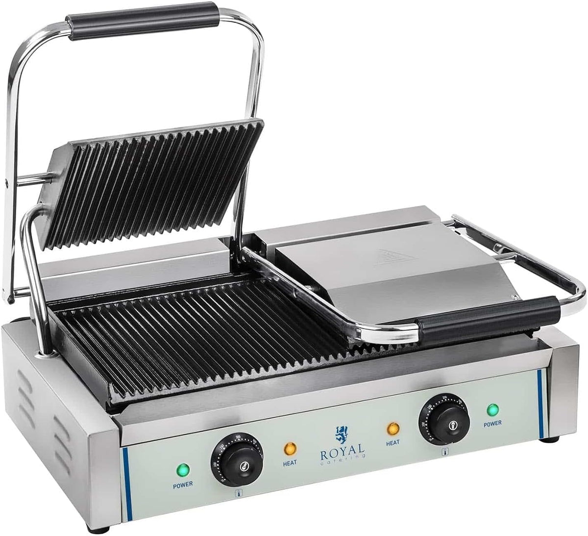 Royal Catering RCKG-3600-G - Piastra Panini Doppia 3600 W - Acciaio Inossidabile e Lega di Acciaio - Controllo Temperatura con Cassetto Raccogli Grasso