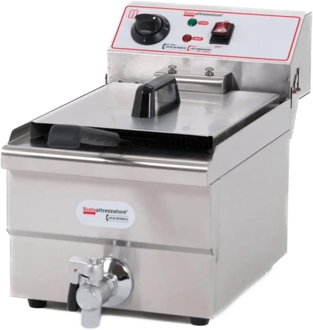 Ristoattrezzature Friggitrice Elettrica Professionale - Vasca Singola da 10 Litri in Acciaio Inox - Capacità Olio 6 Litri e Potenza 4 kW - Rubinetto di Scarico 220 V