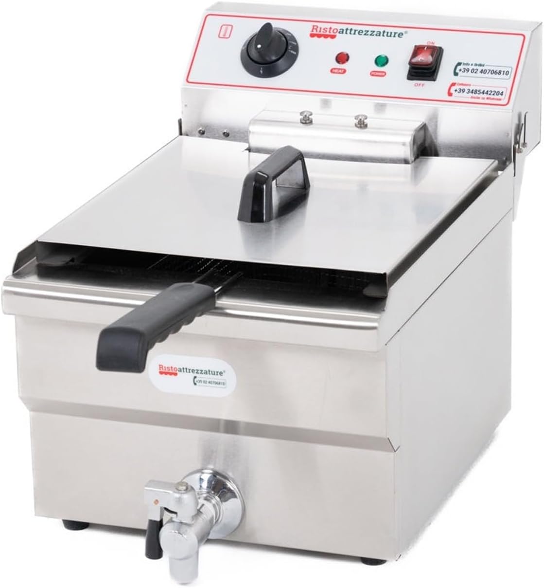 Ristoattrezzature Friggitrice Elettrica Professionale - Vasca Singola da 16 Litri in Acciaio Inox - Capacità Olio 12 Litri e Potenza 5 kW - Rubinetto di Scarico 220 V