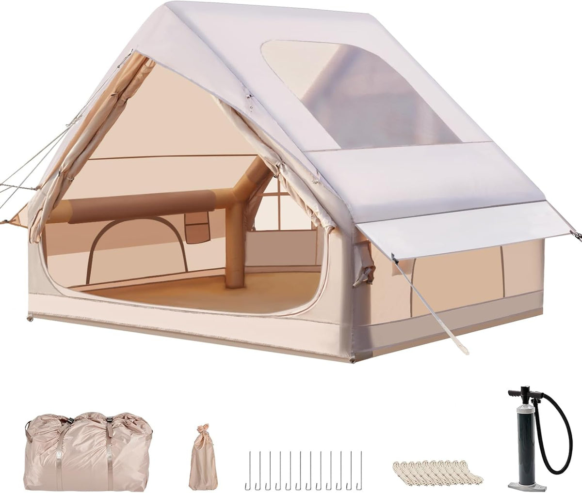 Tenda gonfiabile da campeggio in Oxford 420D - impermeabilità 3000 mm con pompa - struttura antivento per 4 stagioni - con finestra in rete porte e presa per fornello