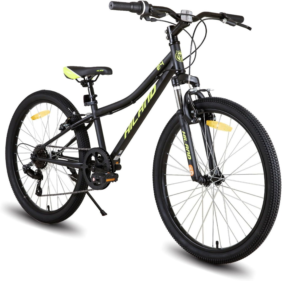 HILAND Climber mountain bike per ragazzi - ruote 24 pollici e 7 velocità - telaio in acciaio al carbonio - forcella ammortizzata e freni V Brake nera