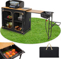 KingCamp cucina da campeggio pieghevole con lavello - bambù e alluminio nero - frangivento e porta lampada - mobile portatile per picnic e barbecue