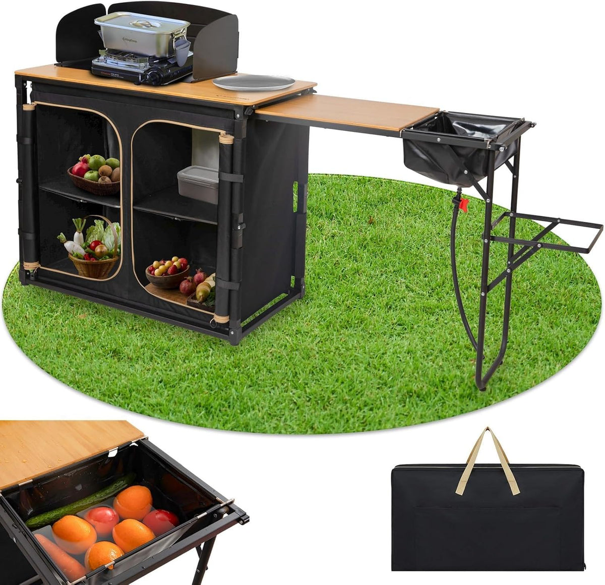 KingCamp cucina da campeggio pieghevole con lavello - bambù e alluminio nero - frangivento e porta lampada - mobile portatile per picnic e barbecue
