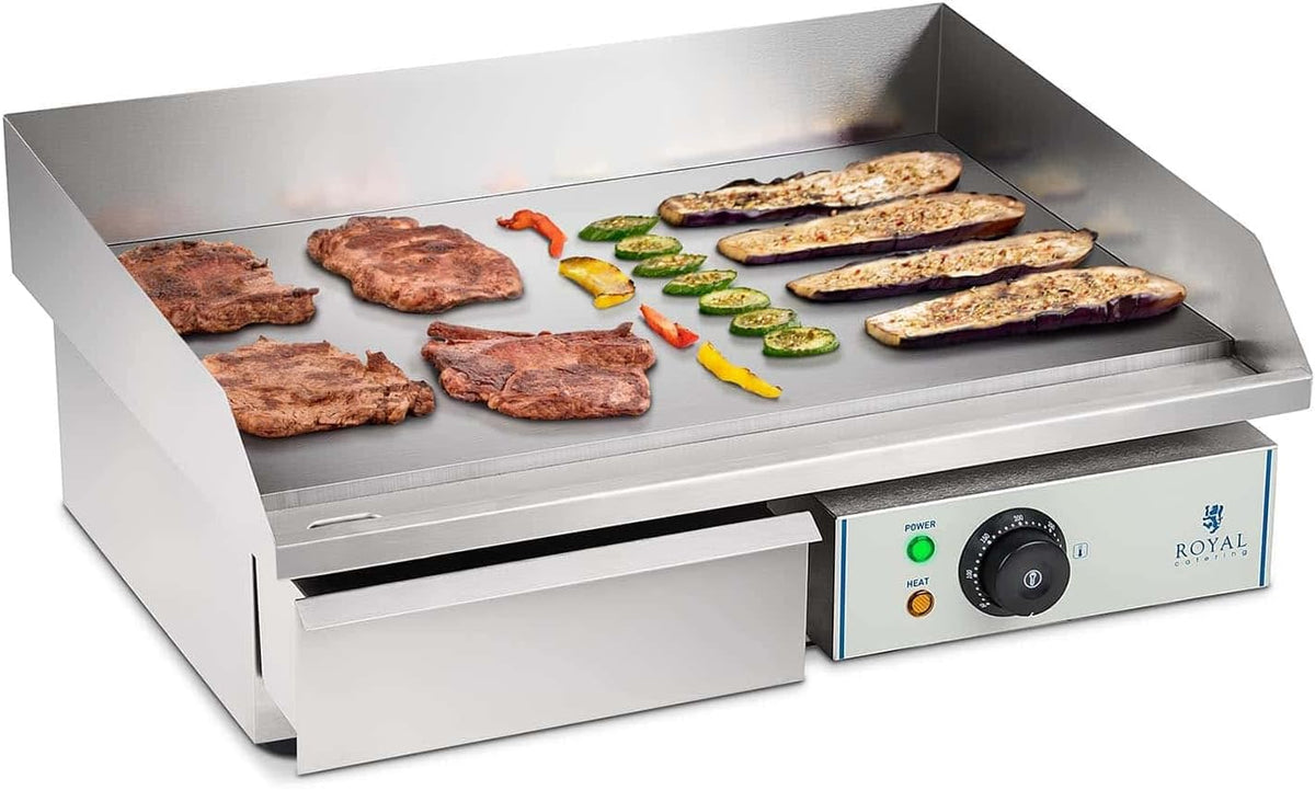 Royal Catering RCEG-55 - Fry Top Elettrico Liscio da 55 cm - Acciaio Inossidabile e Lega di Acciaio - Controllo Temperatura 230 V