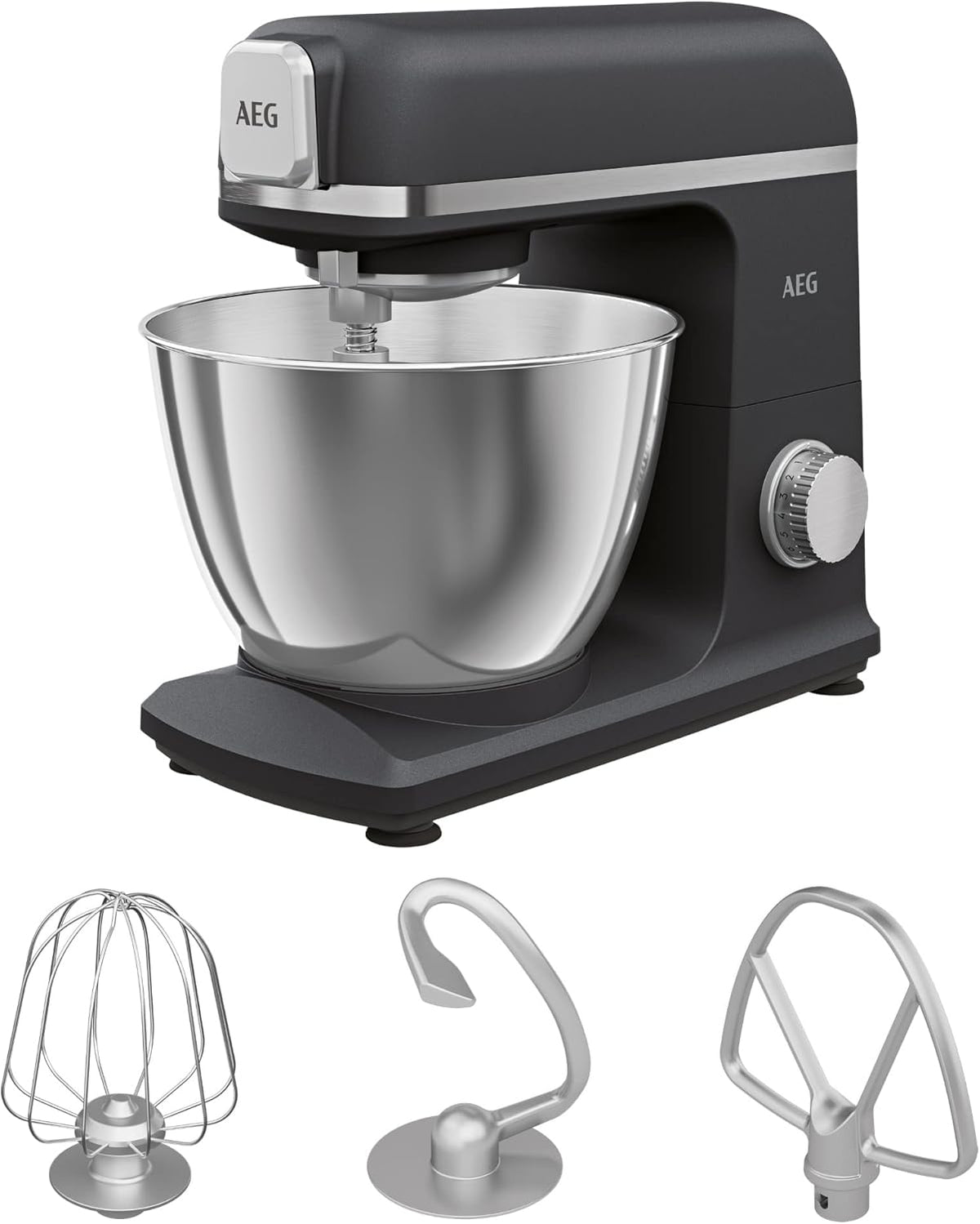 AEG KM5-1-4BPT Robot da Cucina - Planetaria 1200 W con 6 Velocità e Funzione Pulse - Ciotola da 5 Litri - Struttura in Metallo Nero Opaco con Accessori