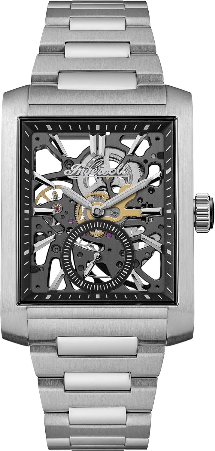 Ingersoll The Spur I17001 - Orologio automatico uomo analogico - Cassa quadrata 33.7 mm quadrante nero scheletrato - Bracciale argento in acciaio