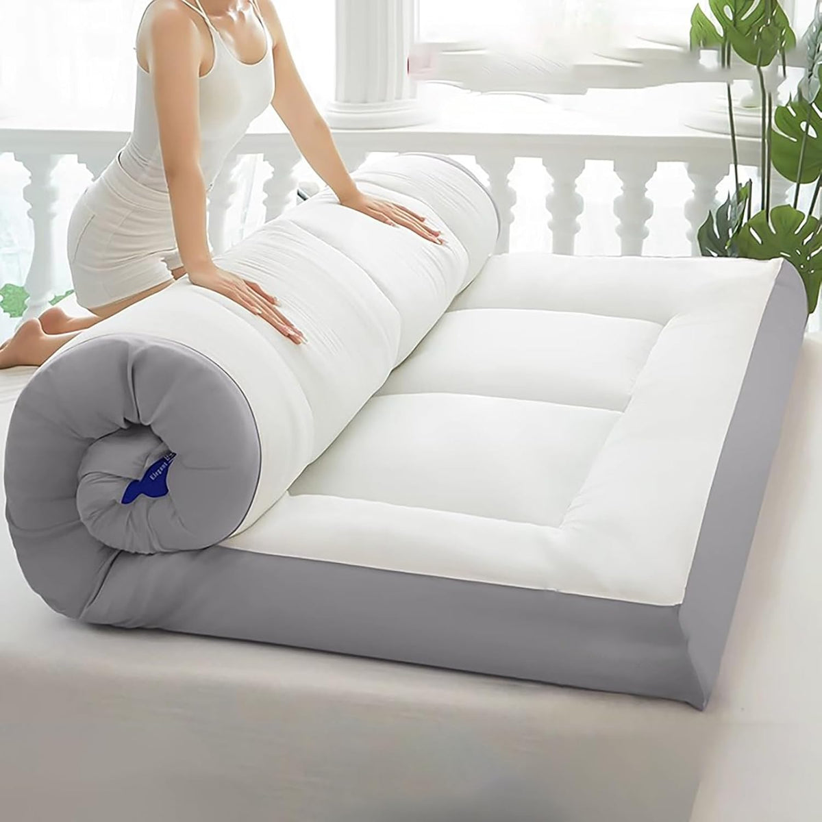 Letto da pavimento giapponese grigio 150 x 200 x 10 cm - materassino arrotolabile portatile - design salvaspazio - per casa campeggio e ospiti