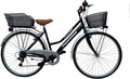 Bici da città MADICKS da donna nera 28 pollici - telaio in lega di acciaio stile Olanda vintage - cambio 6 velocità - cestino anteriore e posteriore con campanello