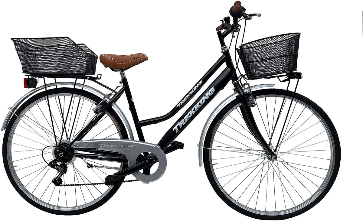 Bici da città MADICKS da donna nera 28 pollici - telaio in lega di acciaio stile Olanda vintage - cambio 6 velocità - cestino anteriore e posteriore con campanello