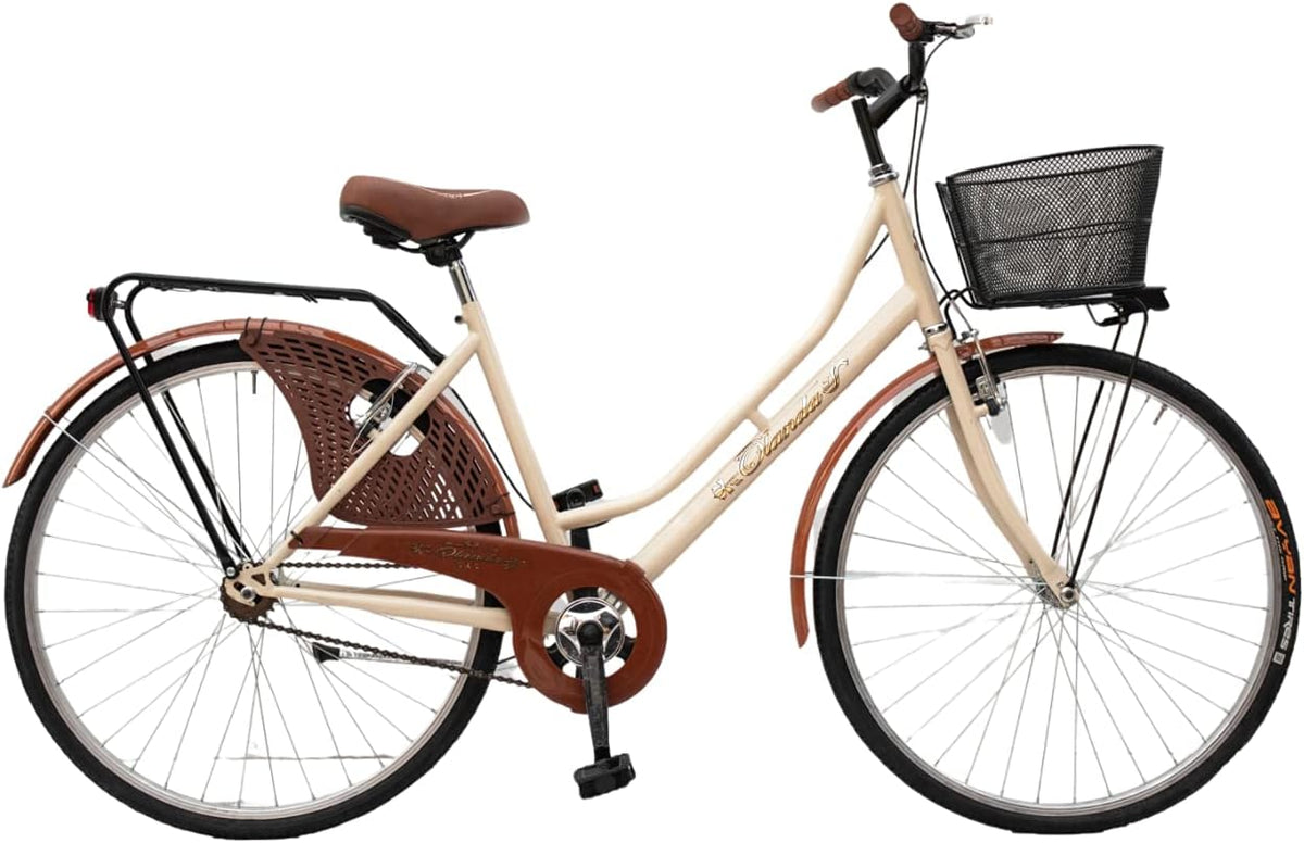 Bici da città MADICKS da donna beige 26 pollici - telaio in acciaio inossidabile stile Olanda vintage - singola velocità - cestino anteriore per passeggio urbano