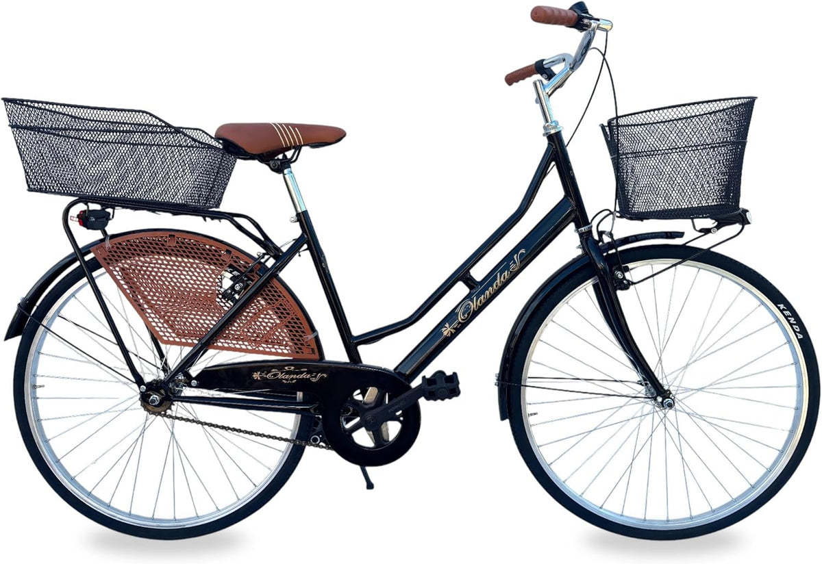 Bicicletta da città donna stile olandese - ruote 26 pollici e telaio in lega di acciaio - colore nero - cestino anteriore e posteriore per uso urbano