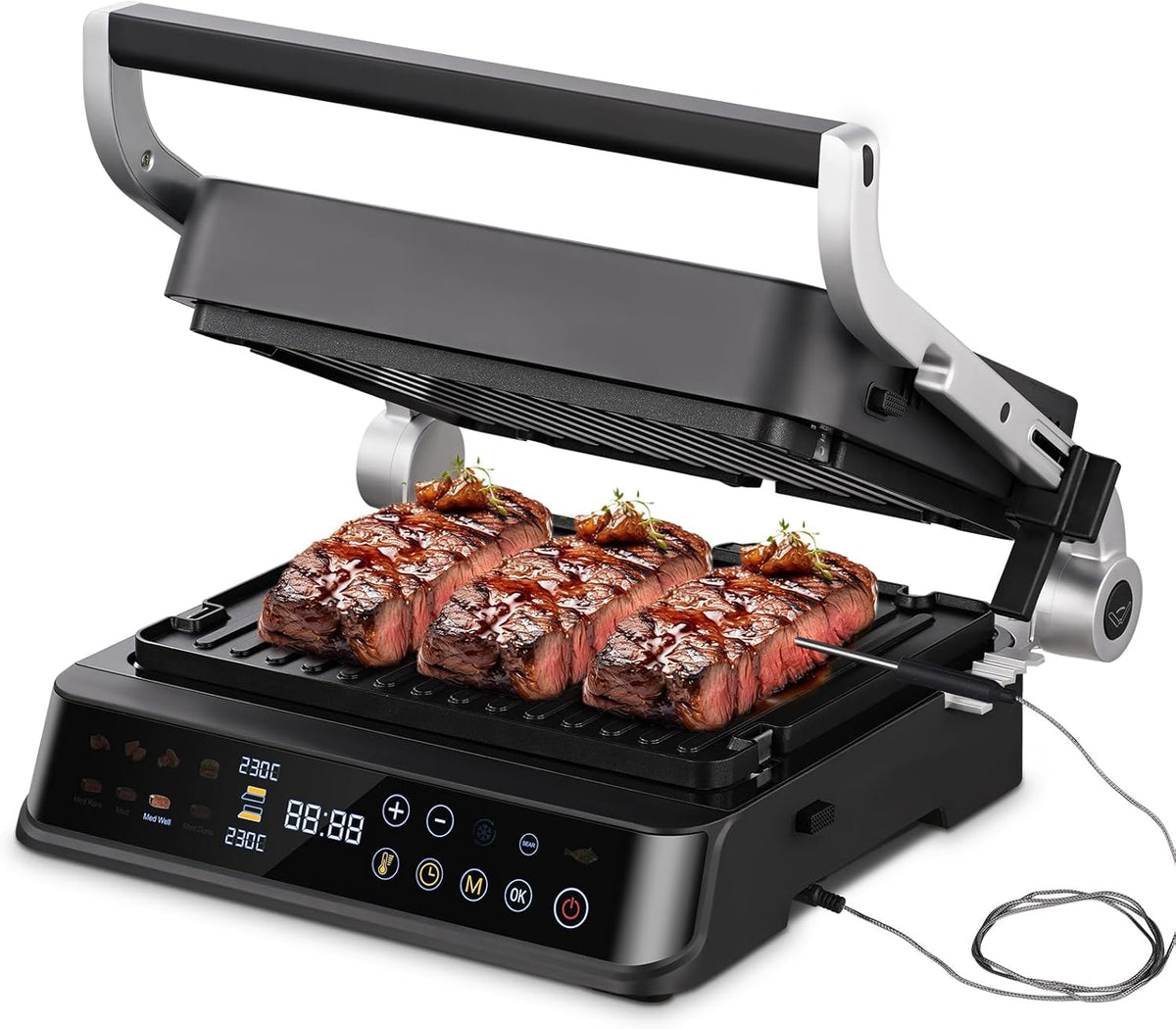 AMAZHEF Griglia Elettrica Multifunzione 2000 W - Macchina 6 in 1 con Sensore Temperatura - Doppio Termostato e Funzione Sear 280 C - Grill Panini Waffle