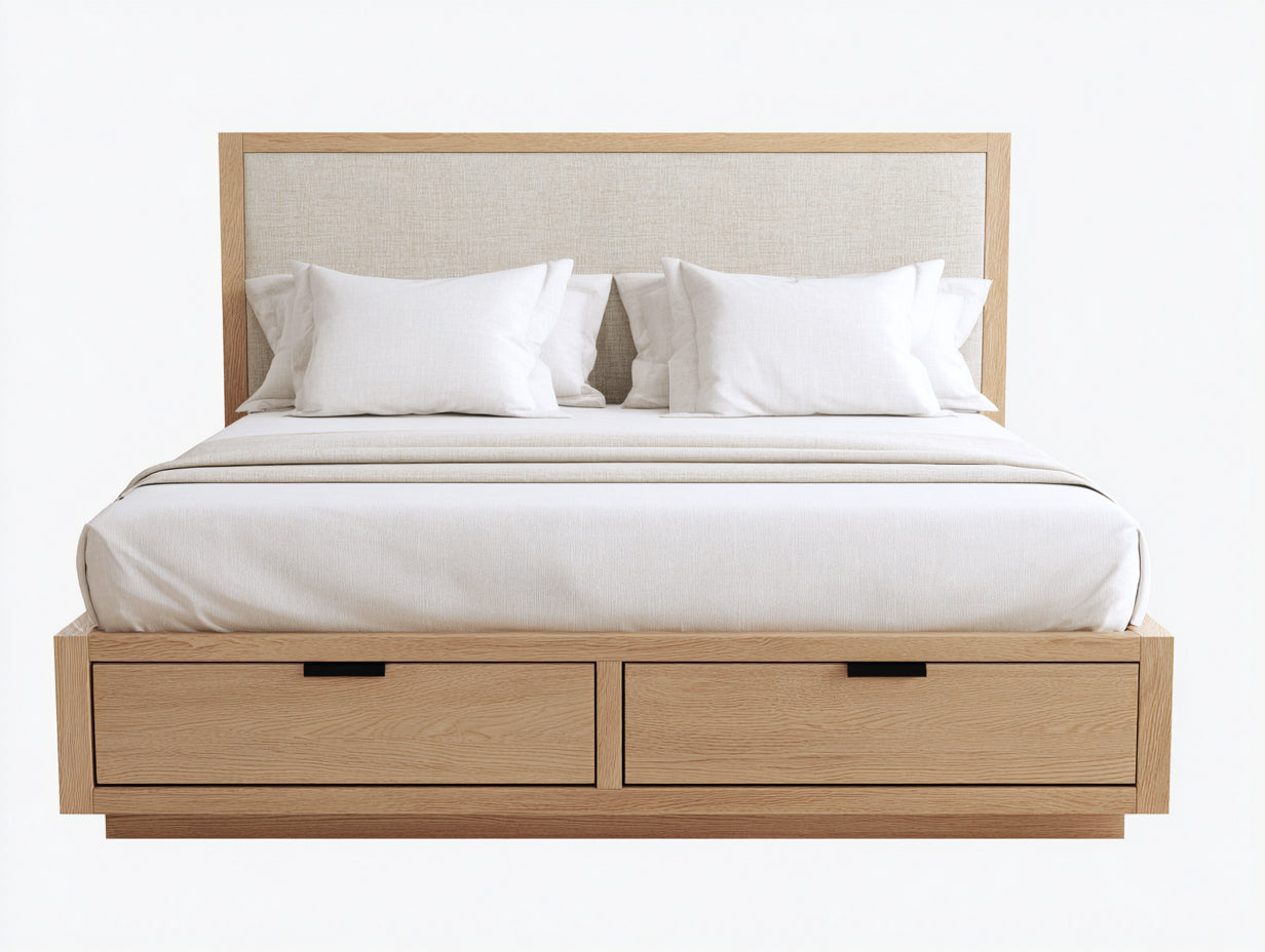 Letto matrimoniale-Legno-Tessuto-224x193x130 cm-Rovere chiaro-Beige-Naturale moderno