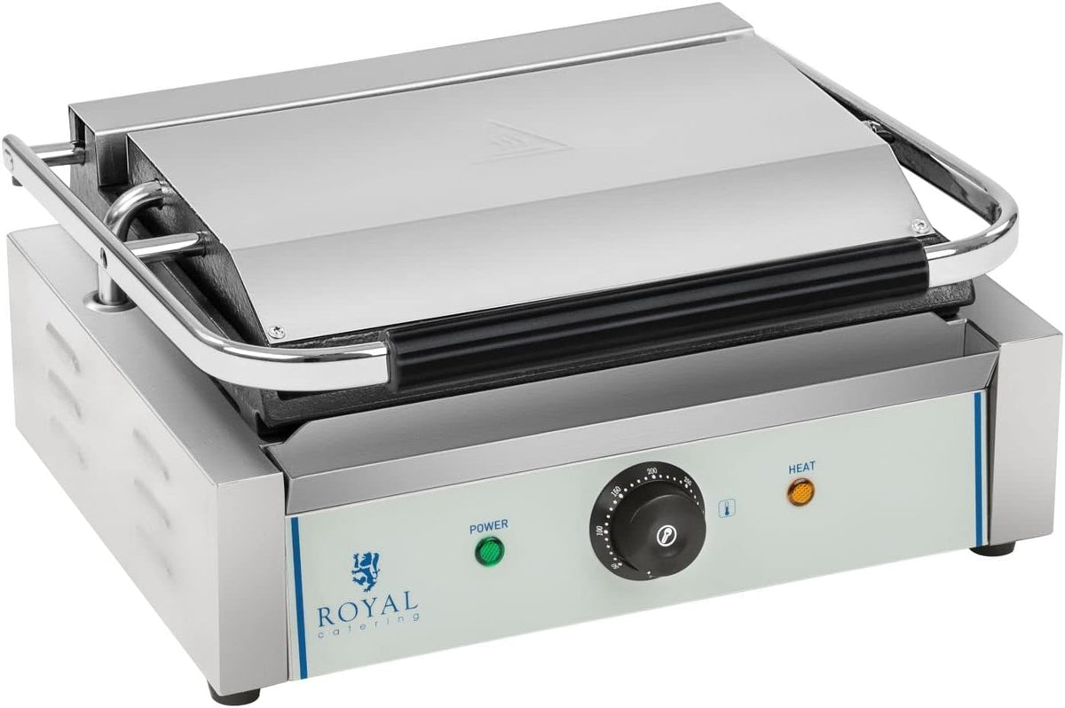 Royal Catering RCKG-2200 - Piastra Panini Professionale 2200 W - Acciaio Inossidabile e Ghisa Smaltata - Modello Indipendente per Ristorazione