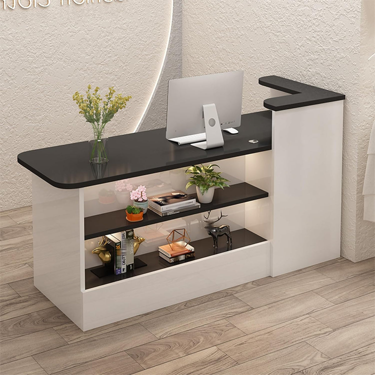 Scrivania reception LED - Bancone cassa con cassetti e gestione cavi - Dimensioni 100 x 55 x 100 cm - Design bianco e nero per uffici moderni