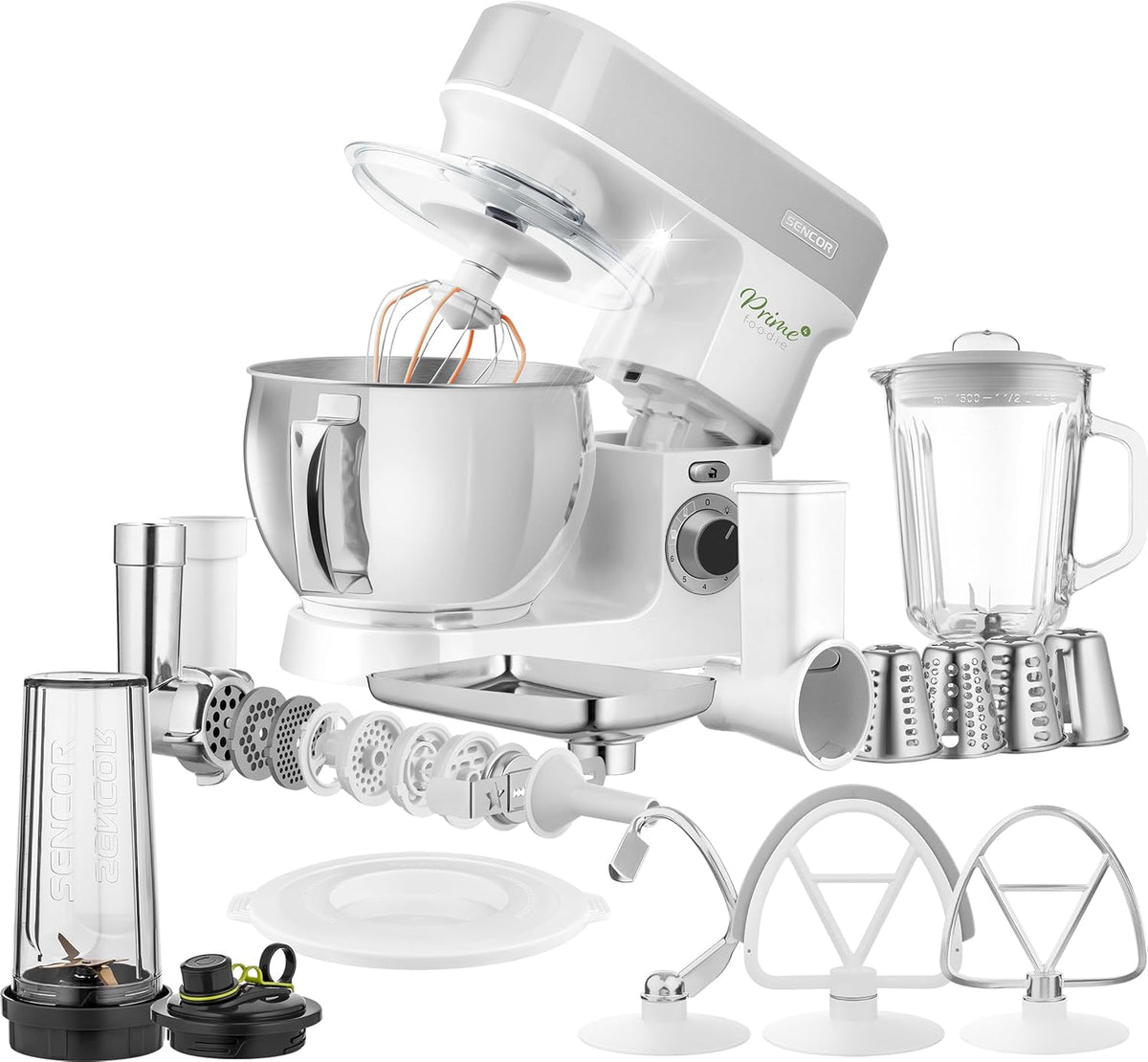 Sencor STM 3789SL - Robot da Cucina Planetario 1200 W Bianco - Ciotola in Acciaio da 5 Litri con Illuminazione LED - Frullatore Tritacarne e Cookie Maker