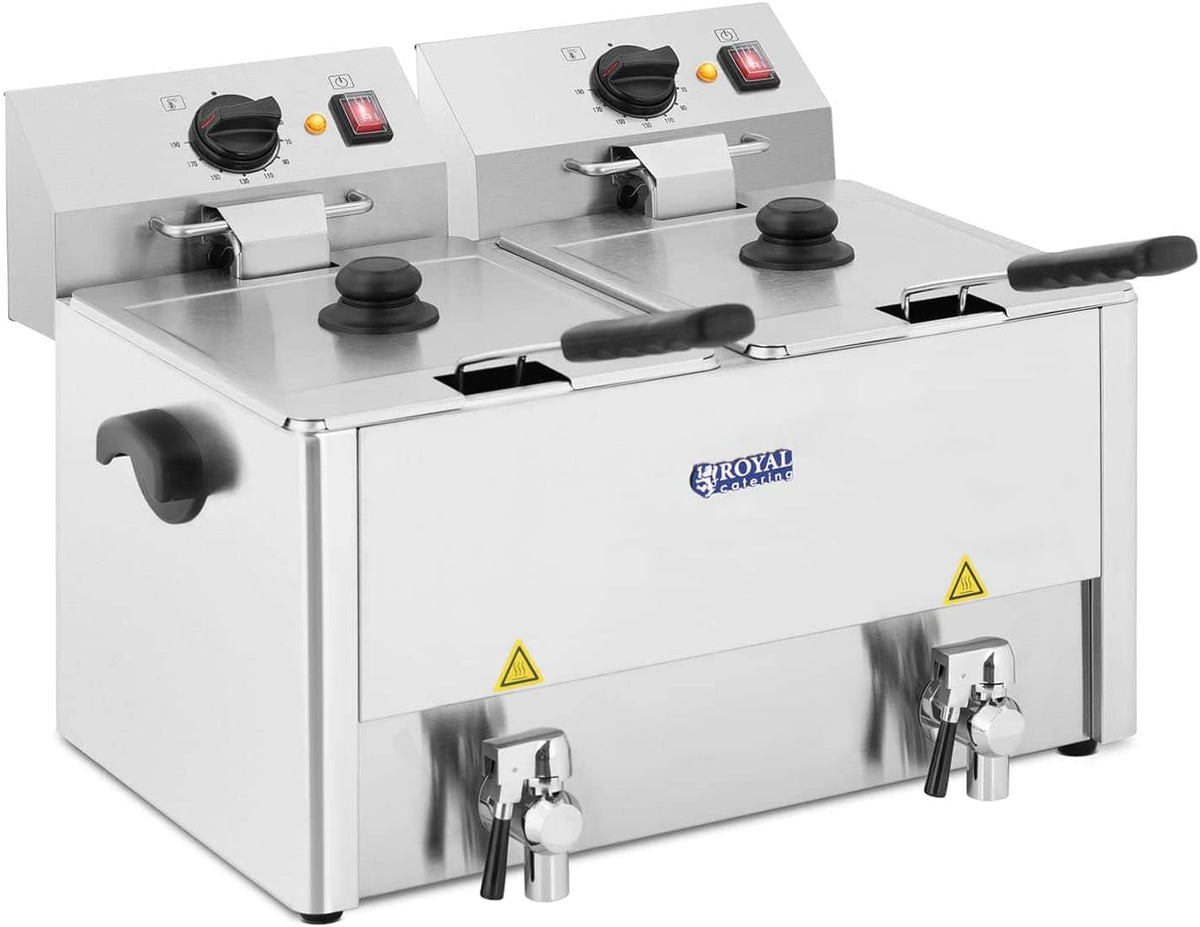 Royal Catering RCEF 13D-EGO - Friggitrice Elettrica Doppia Professionale - Due Vasche da 13 Litri con Termostato EGO - Rubinetto di Scarico e Acciaio Inox