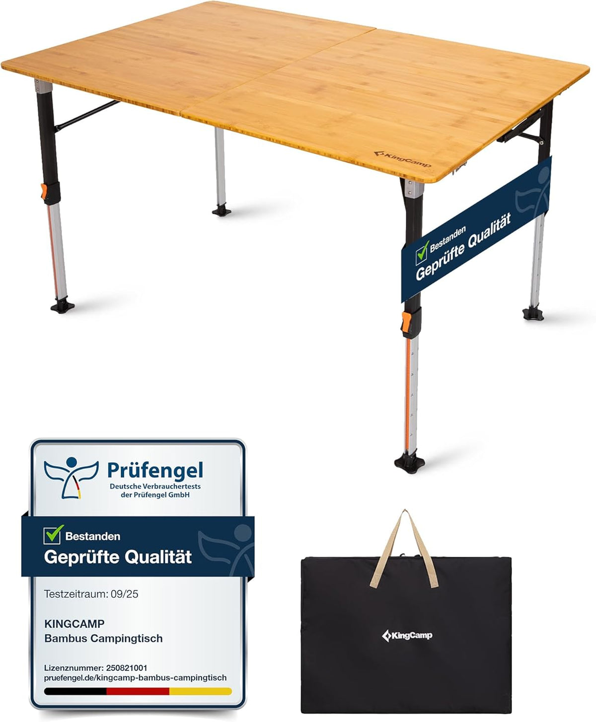 Tavolo da campeggio pieghevole KingCamp - piano in bambù 120 x 80 cm - altezza regolabile da 42 a 70 cm - portata 80 kg per campeggio e picnic