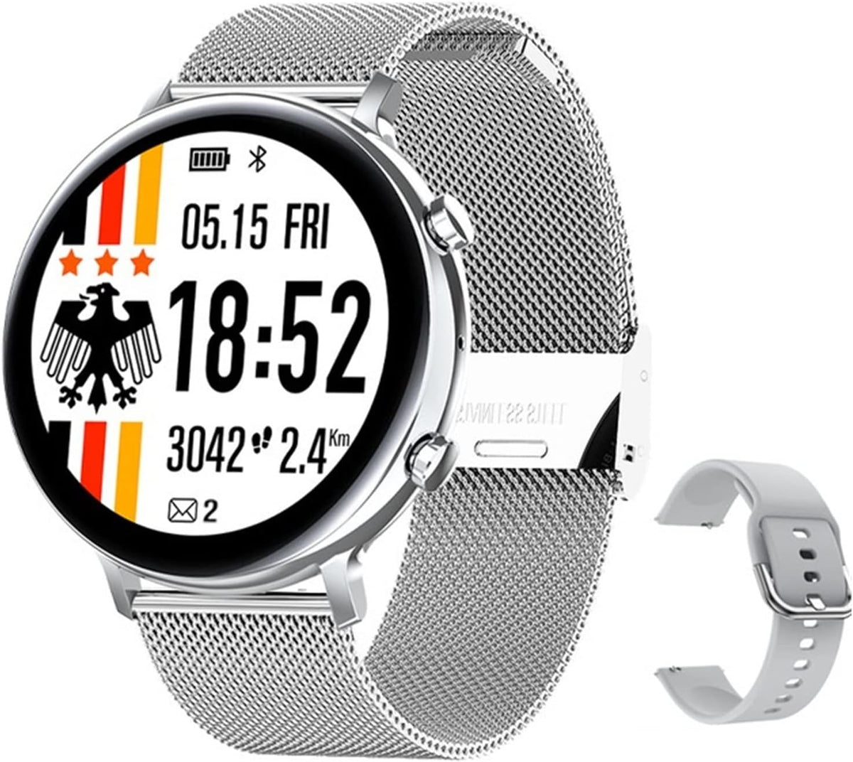 KANBUN Smartwatch Uomo Donna 1.73 Pollici - Chiamata Bluetooth e Controllo Musicale - Quadrante Personalizzato Sport - Cinturino Rete Acciaio Argento
