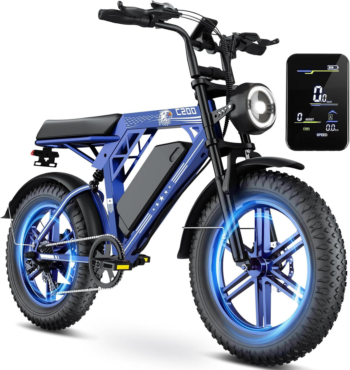 Bici elettrica per adulti 20 pollici blu - batteria removibile 48 V da 15 18 o 25 Ah - autonomia fino a 80 o 120 km - 7 velocità doppia sospensione e freni a disco