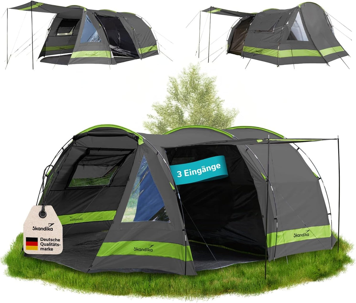 Skandika Kambo tenda tunnel per 6 persone - 480 x 360 x 200 cm - impermeabilità 3000 mm e 3 ingressi - tenda familiare 3 stagioni con cabina letto