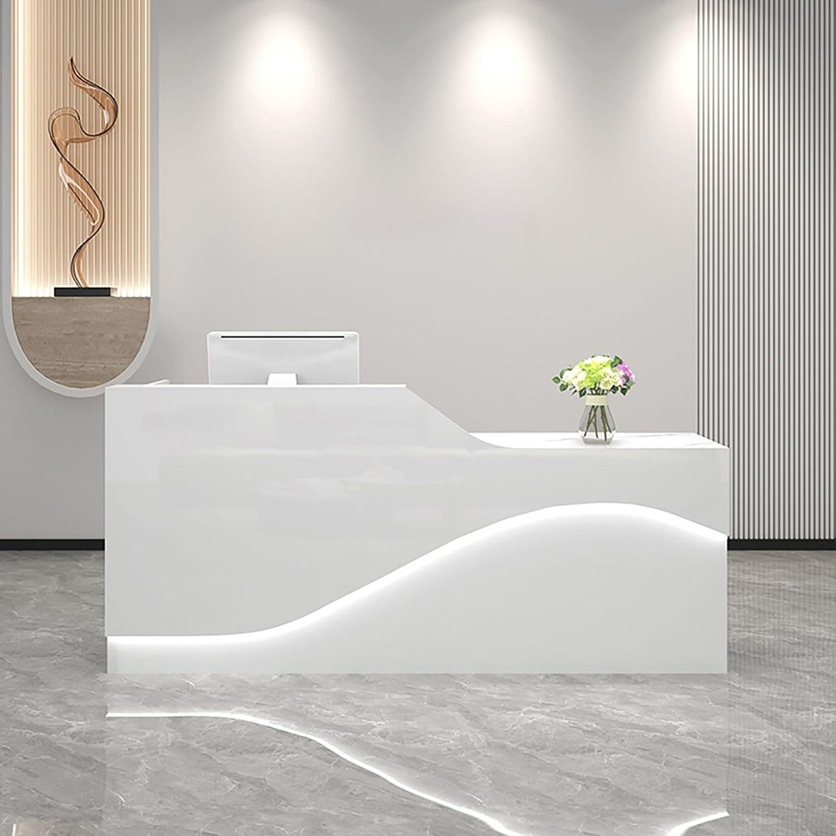 Mmiao Shop Scrivania Reception Ufficio - Banco Vendita Bianco 140 x 50 x 100 cm - Cassetto Bloccabile e Vassoio Tastiera - Luce Integrata per Ufficio Hotel