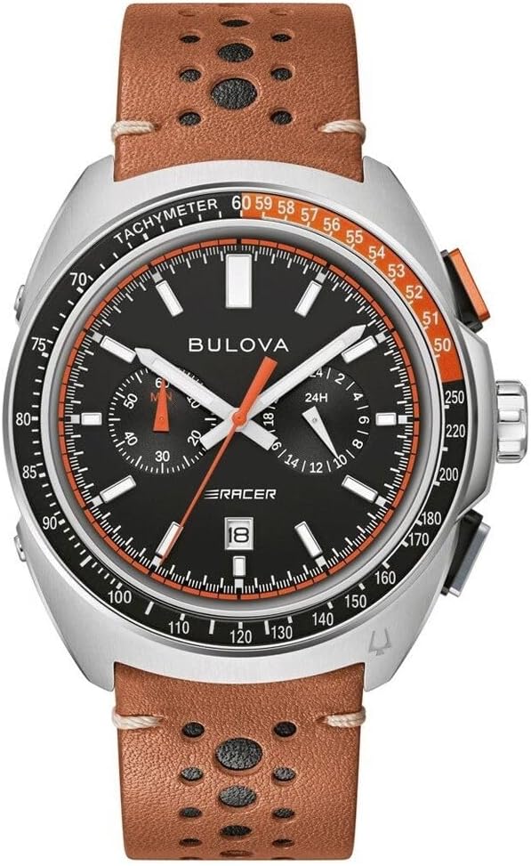 Bulova 98B427 Crono Racer - Orologio Uomo Cronografo - Cassa in Acciaio Quadrante Nero - Cinturino in Pelle Marrone