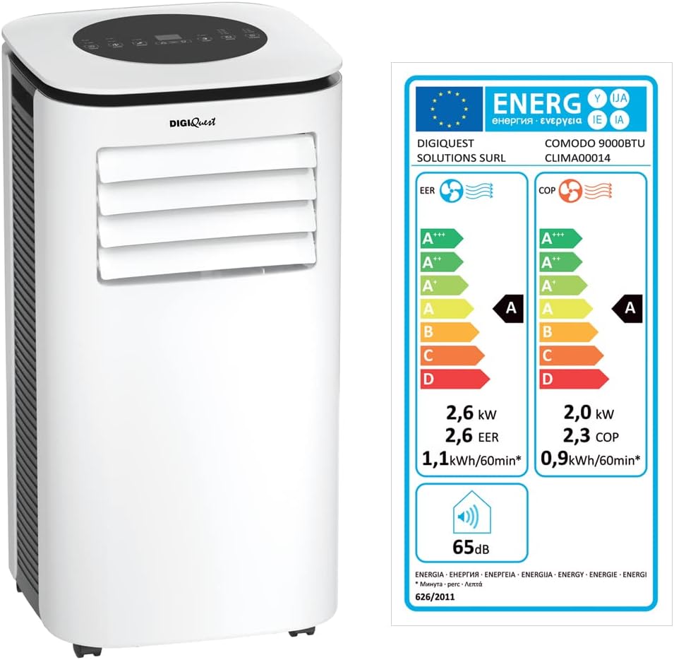 Digiquest Comodo - Climatizzatore Portatile 9000 BTU Classe A - Funzioni Caldo Freddo e Ventilazione - Timer 24 Ore Modalità Notte Filtro Antipolvere e Telecomando