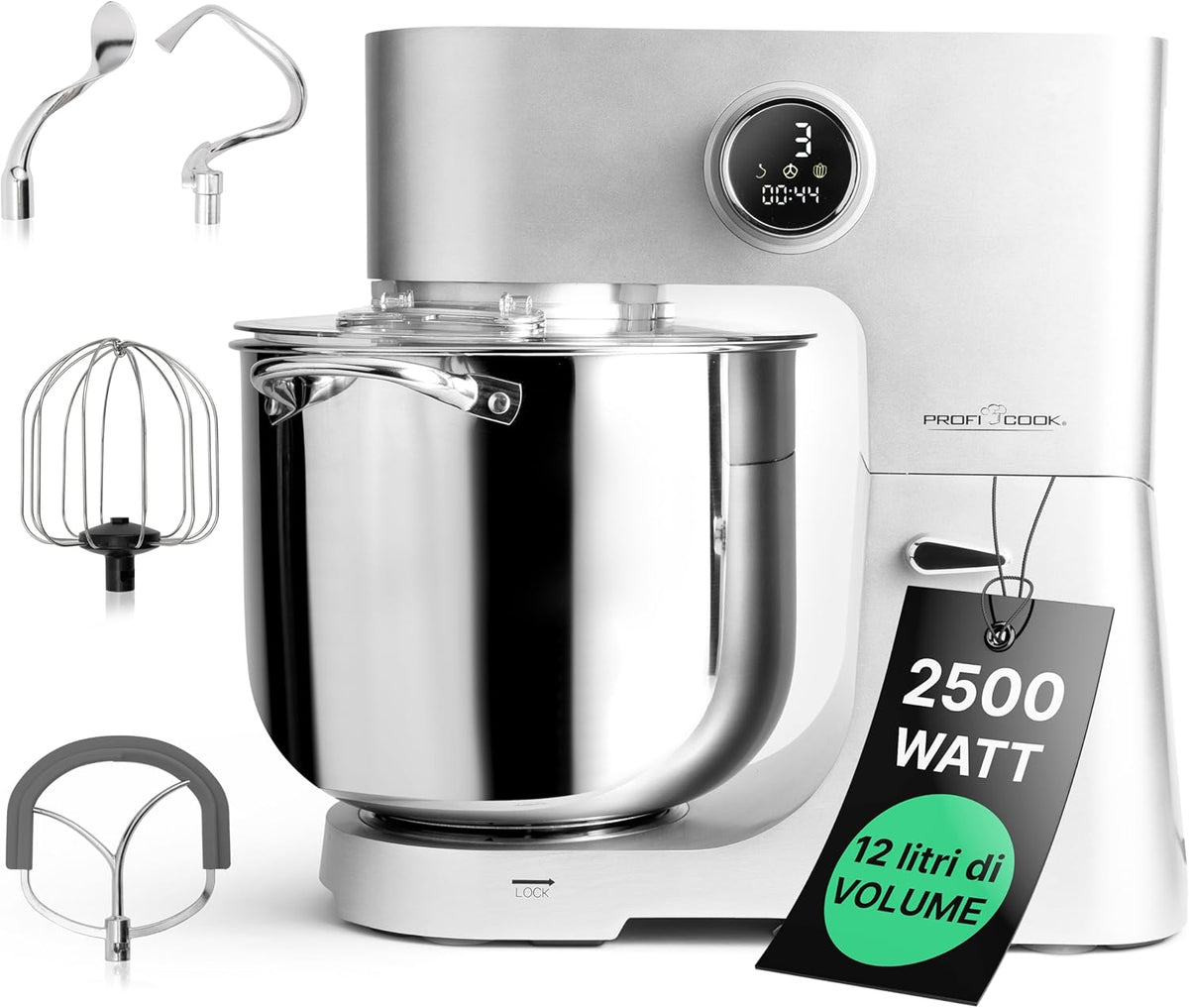 ProfiCook PC KM 1254 - Impastatrice Planetaria 2500 W con Ciotola XXL da 12 Litri - Ingranaggi in Metallo e Display LED - Per Impasti fino a 8,5 kg