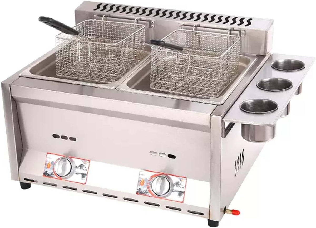 TIJIX Friggitrice a Doppio Serbatoio - Due Vasche da 10 Litri in Acciaio Inox - Potenza di Fuoco Regolabile - Cestelli e Coperchi per Uso da Banco