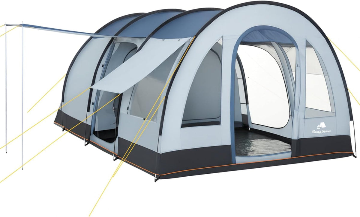CampFeuer TunnelX tenda tunnel familiare per 4 persone - 3 ingressi grigio e blu - impermeabilità 5000 mm - tenda 4 stagioni per campeggio ed escursioni