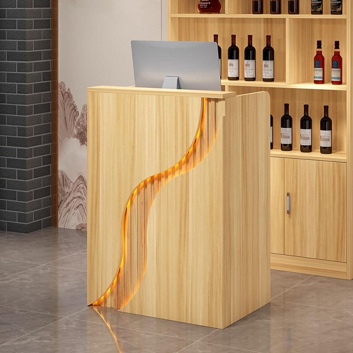 Scrivania Reception Moderna in MDF - Bancone Rettangolare Noce Chiaro 80 x 40 x 96 cm - Cassetti e Fori Gestione Cavi - Mobile Ufficio per Computer e Cassa