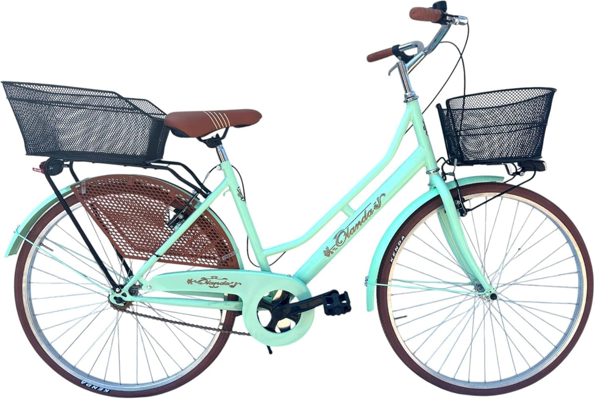 Bicicletta da città donna stile olandese - ruote 26 pollici e telaio in acciaio inox - design vintage retrò - con cestini e portapacchi