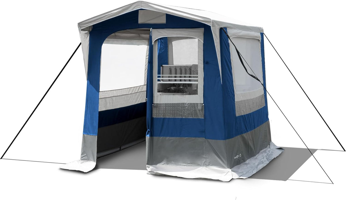 Cucinotto Brunner Gusto II blu 150 x 200 cm - struttura da campeggio resistente all'acqua in PVC - zanzariera con copertura perimetrale - porta ampia con finestre