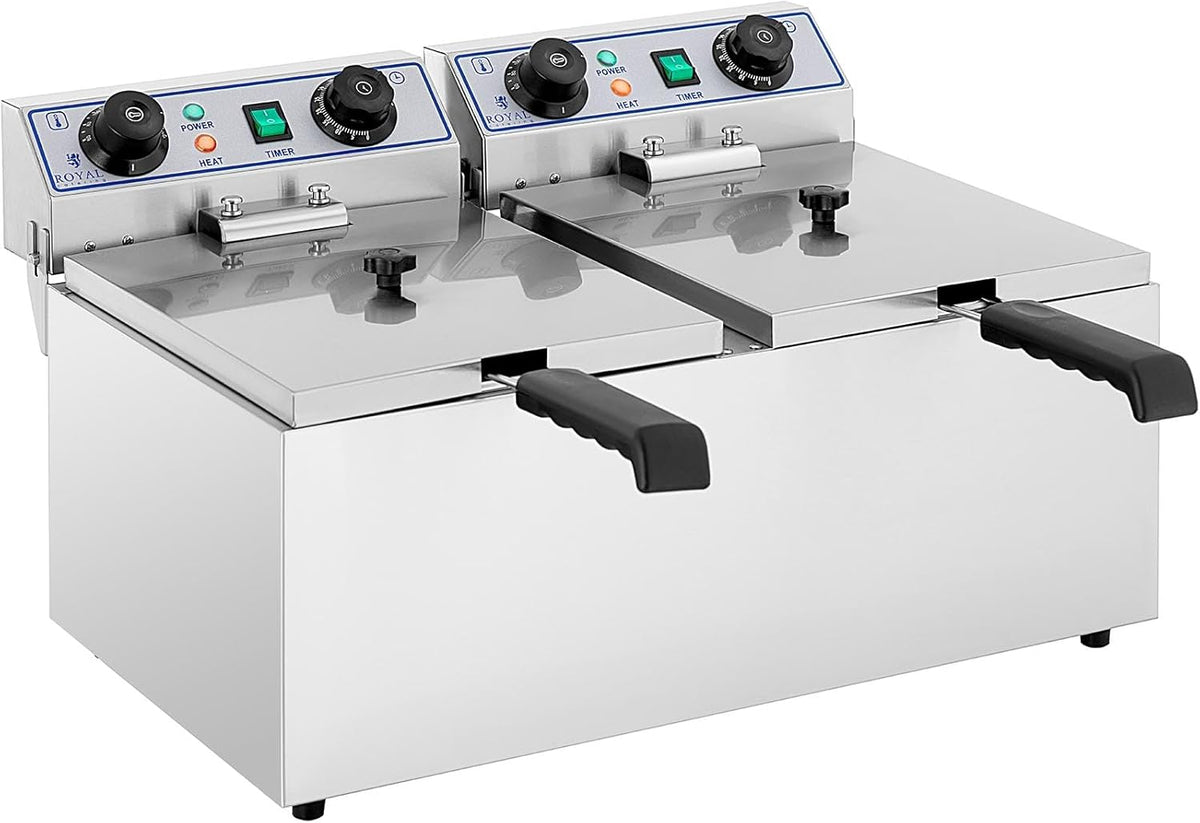 Royal Catering RCTF-13DH - Friggitrice elettrica doppia 2 x 13 L - Potenza totale 6400 W a 230 V - Temperatura 60 a 200 C con timer 60 minuti