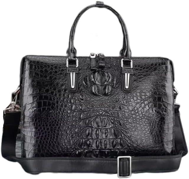Valigetta Uomo Classica - Vera Pelle di Coccodrillo Nero e Marrone - Chiusura con Zip - Grande Borsa a Tracolla da Affari