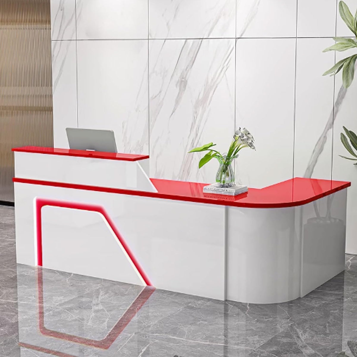 Scrivania reception elegante 140 cm - Bancone frontale bianco e rosso - Rivestimento in pelliccia sintetica - Mobile rettangolare per ufficio e ristorante