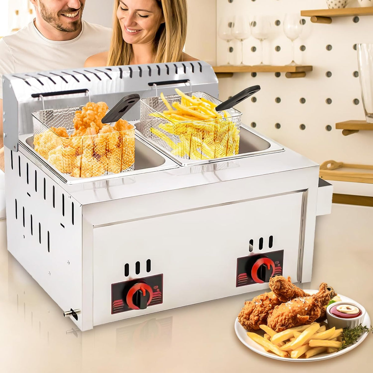 LEDBEL Friggitrice a gas professionale - Doppia vasca con capacità totale 20 L - Acciaio inox argento con cestello - Per ristoranti cucine e chioschi
