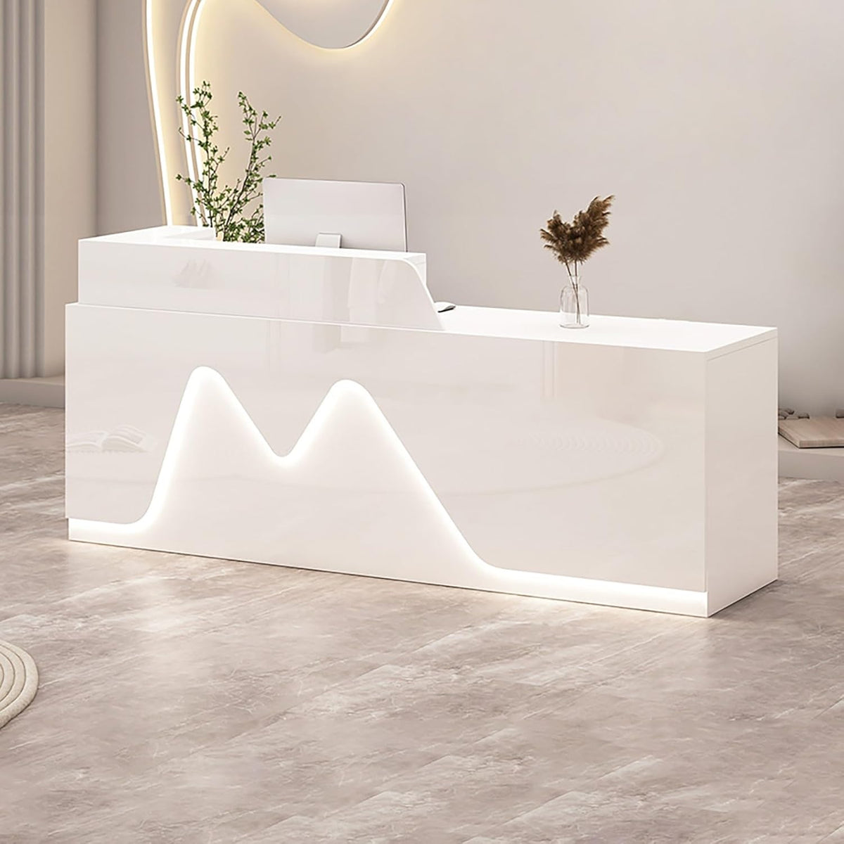 Mmiao Shop Banco Reception Grande - Scrivania Ufficio Bianca 140 x 50 x 100 cm - Vassoio Tastiera e Cassetto Bloccabile - Luce Integrata per Hotel Salone Lobby