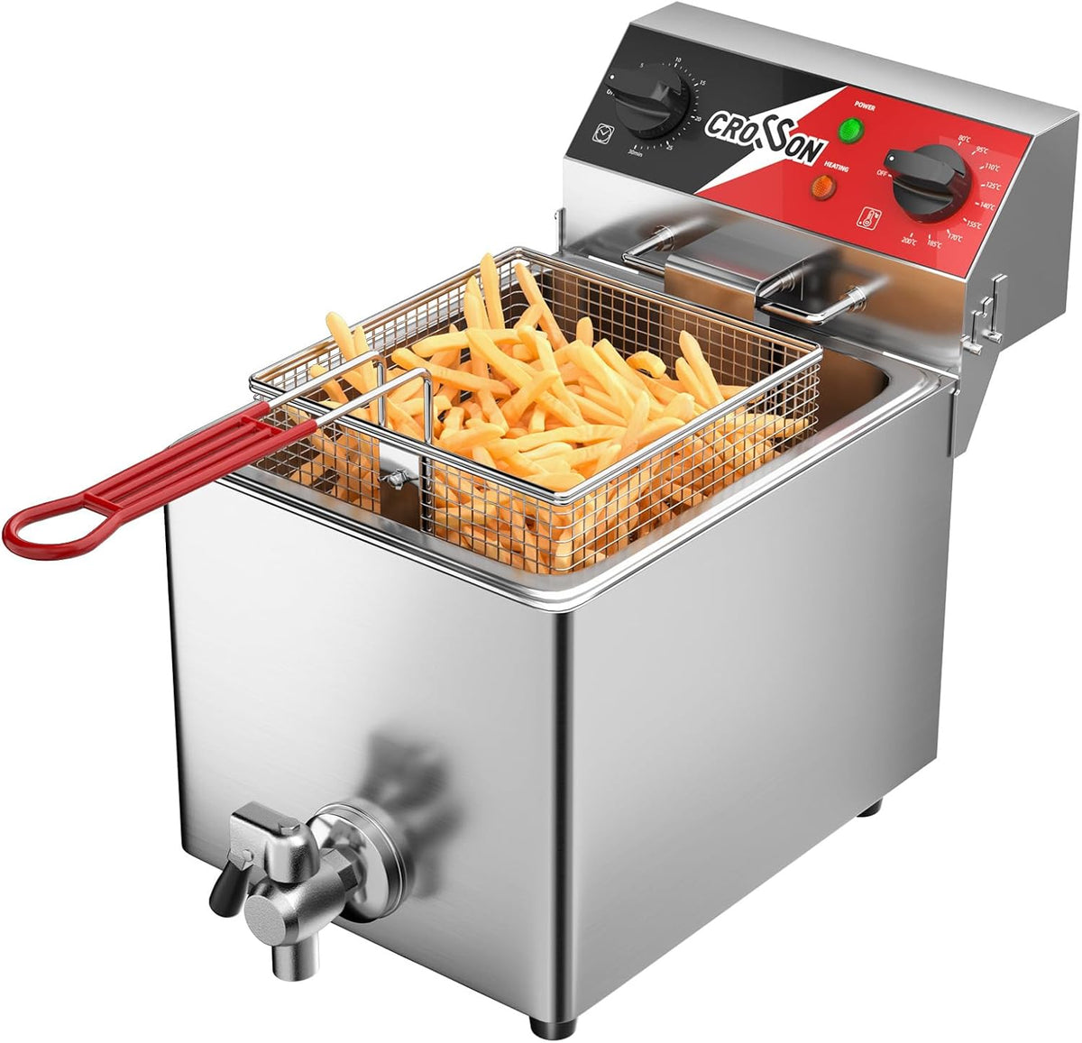 CROSSON Friggitrice commerciale 6 L - Friggitrice elettrica 3000 W in acciaio inox - Temperatura da 80 a 200 C - Timer e rubinetto di scarico