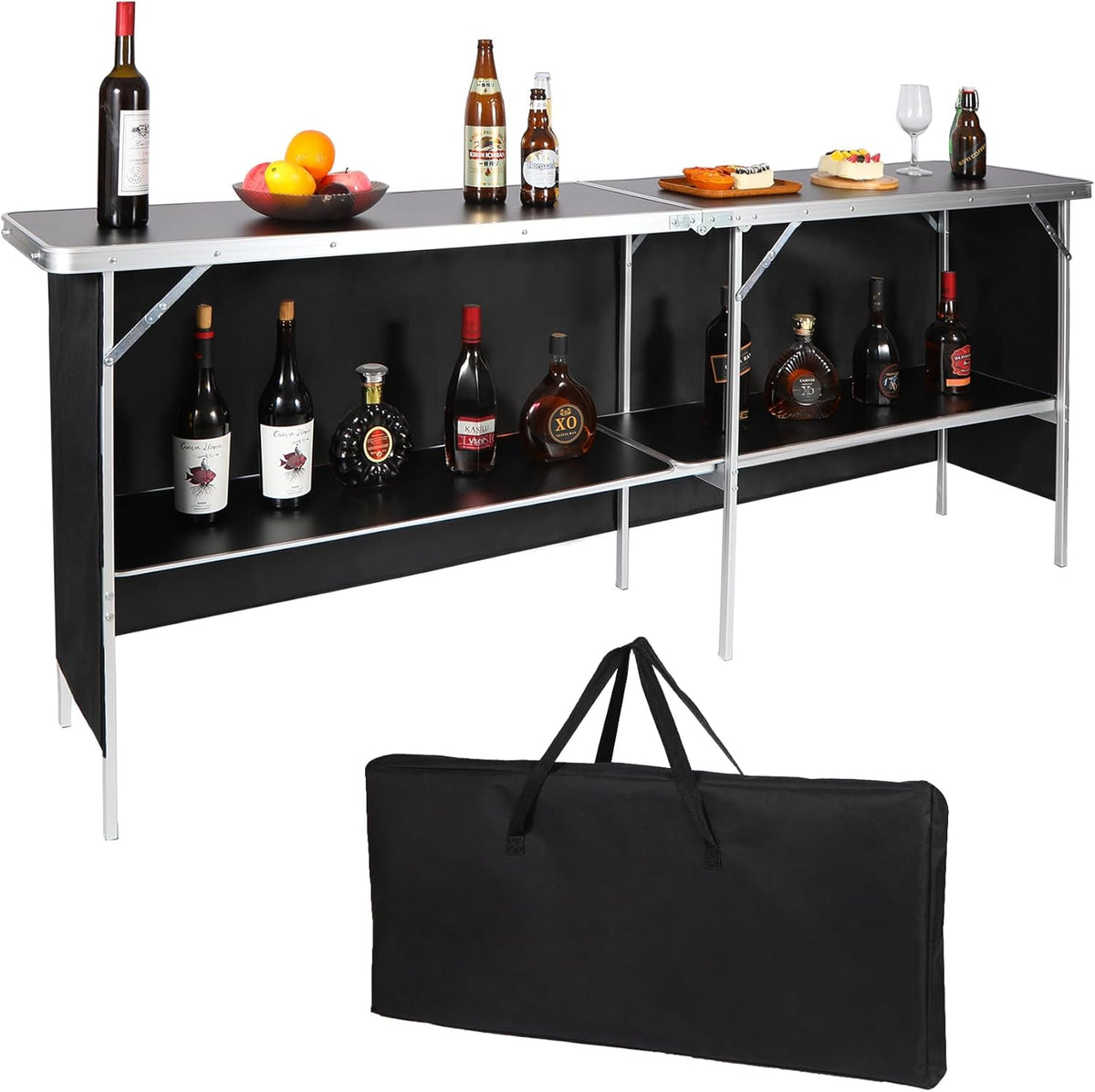 Tavolo da bar portatile REDCAMP - struttura pieghevole in alluminio nero - ripiano portaoggetti e borsa da trasporto - dimensioni 2,07 x 0,39 x 0,83 m