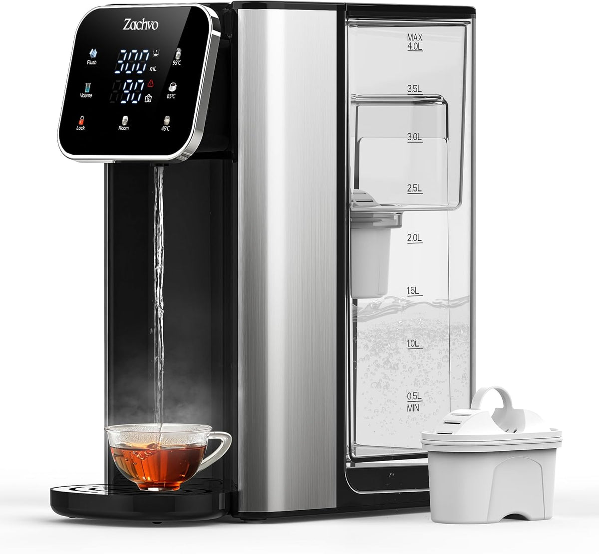 UR05 Dispenser Acqua Calda - Serbatoio da 4 Litri in ABS Nero - 4 Temperature e 3 Volumi di Erogazione - Filtro a Carbone Attivo e Sicurezza Bambini