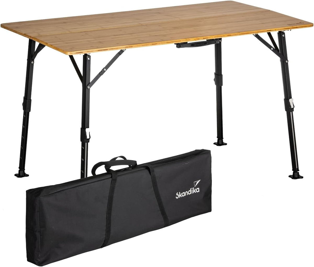 Tavolo da campeggio Skandika Tobro - piano in bambù e struttura in alluminio - regolabile in altezza con portata 100 kg - dimensioni 120 x 70 x 70 cm