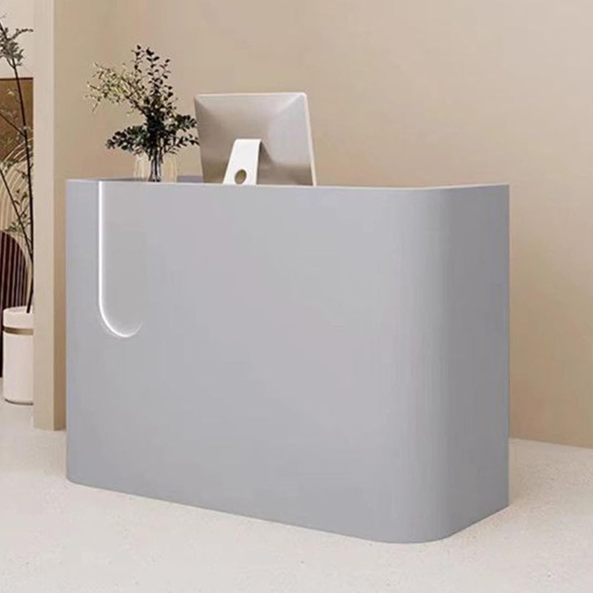 Scrivania Reception Moderna - Banco Rettangolare Grigio Chiaro da 80 cm - Armadietto Integrato e Design Salvaspazio - Per Salone Bar Ufficio e Punto Pagamenti