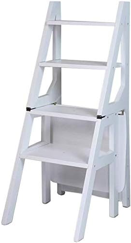 Sgabello pieghevole a 4 gradini in legno massello - finitura bianca con ripiano per fiori - struttura portatile salvaspazio - per uso interno e casa
