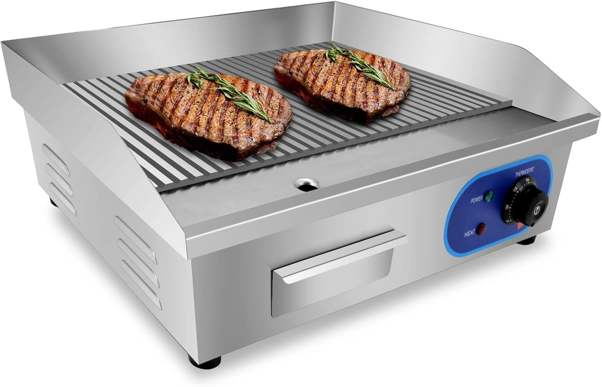 TAIMIKO Piastra elettrica professionale 3000 W - Superficie scanalata in acciaio inox - Temperatura regolabile - Grill per barbecue bistecche e salsicce