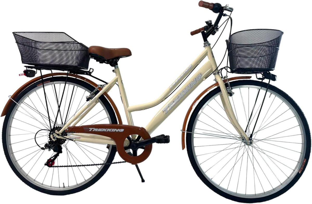 Bicicletta da città donna stile olandese - ruote 28 pollici e 6 velocità - telaio in lega di acciaio colore beige - cestino e design vintage retrò