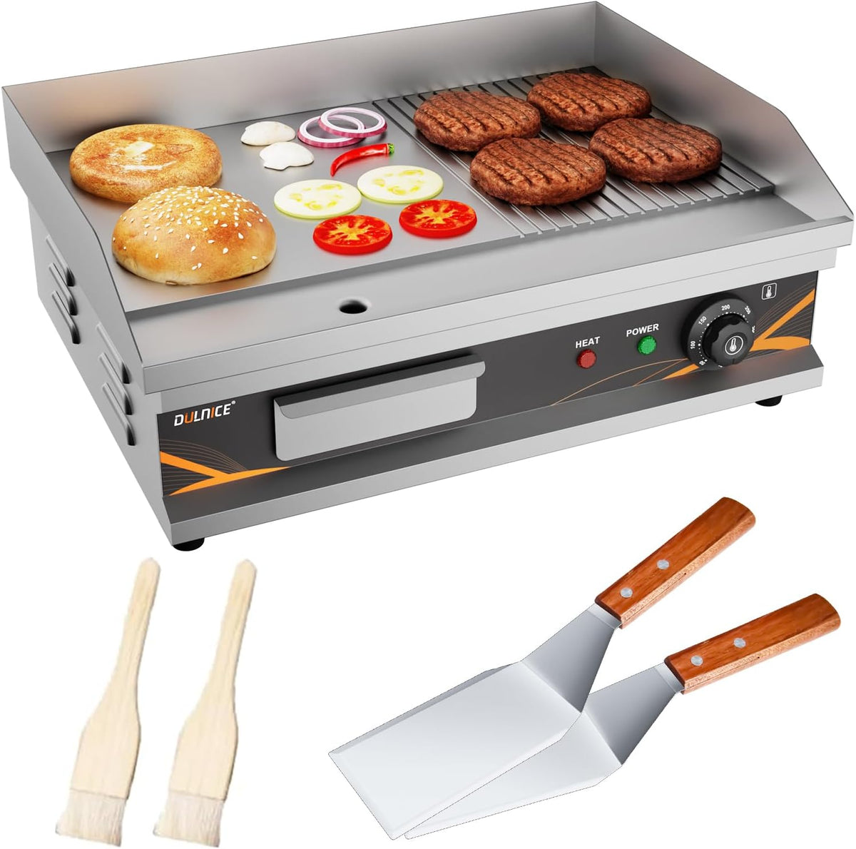 Piastra elettrica professionale 54.5 cm - Superficie liscia e rigata in ghisa - Grill in acciaio inox - Per carne pesce bistecche e cotolette
